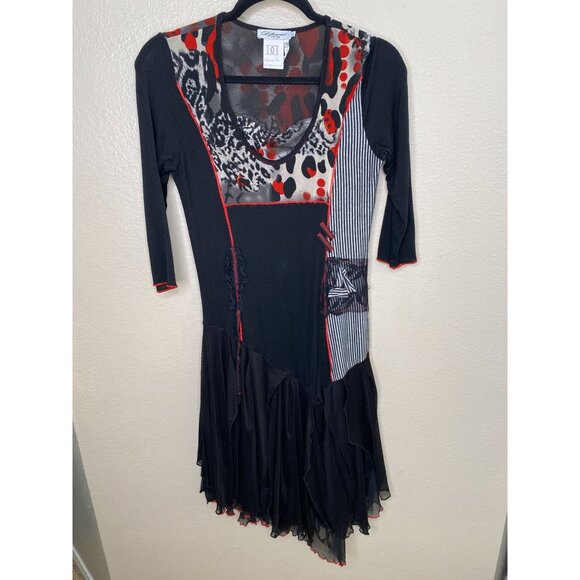 Dzhaavel Couture Black Patchwork Dress L Sheer Mesh Details 3/4 Sleeves - Picture 2 of 6